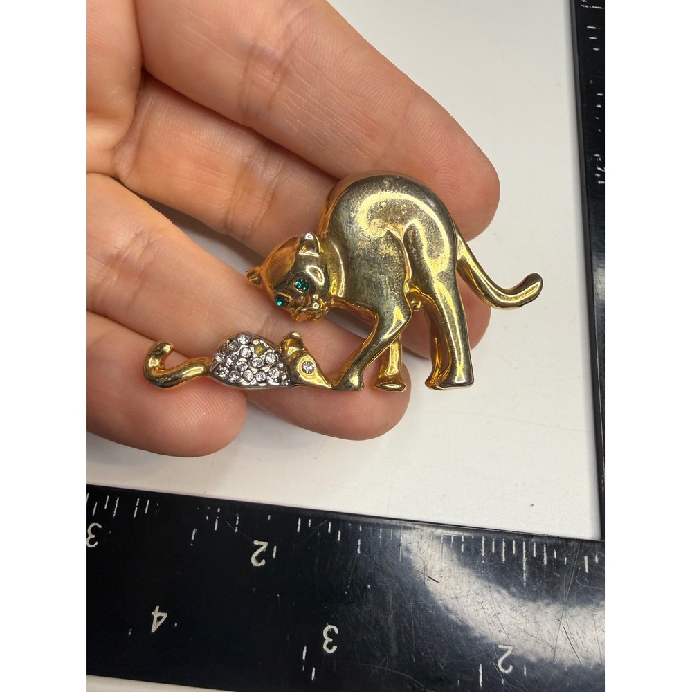 Gold Tone Cat and Mouse Brooch Rhinestone Green Eyes Animal Pin